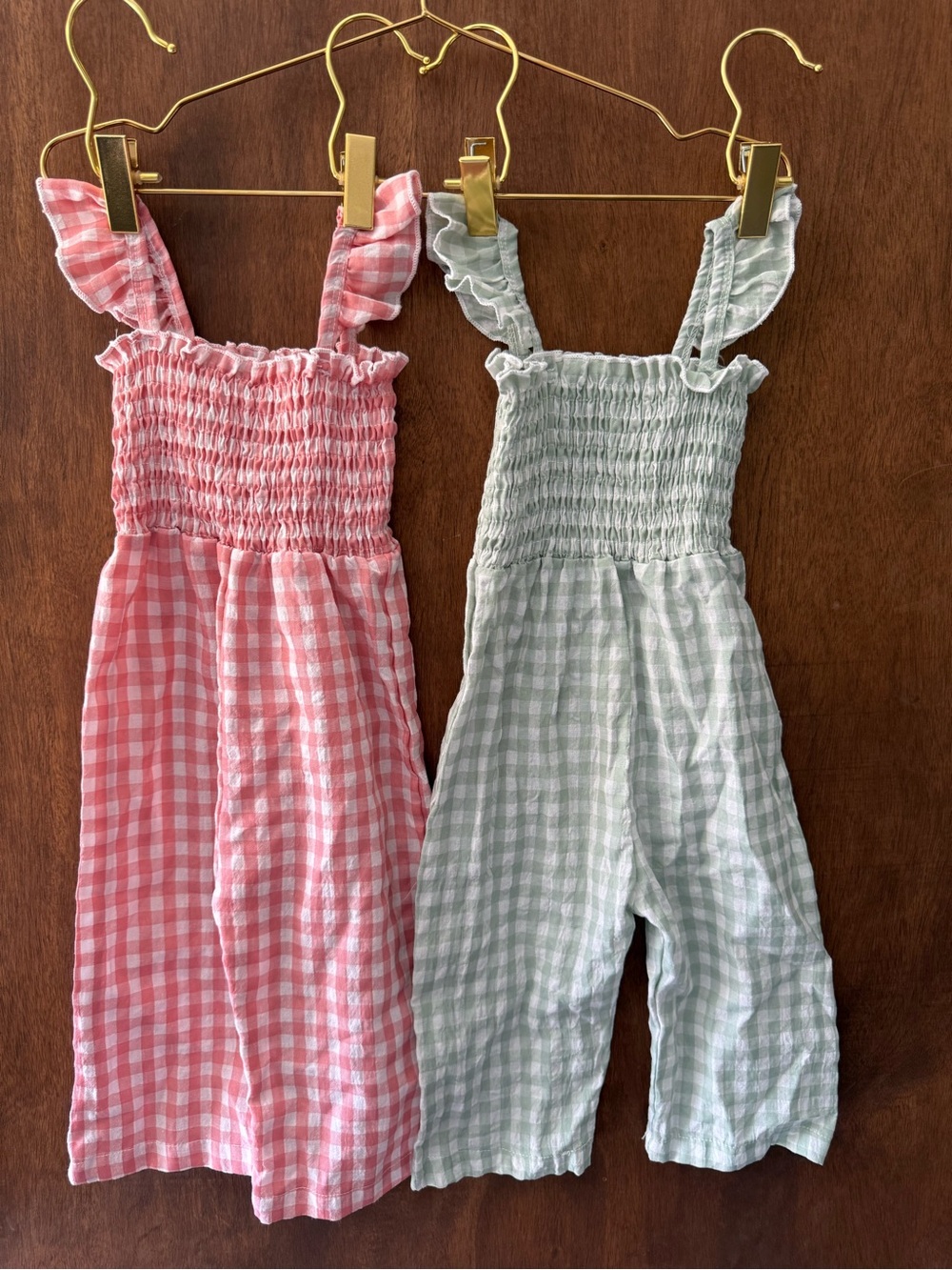 Girls Gingham Smocked Jumpsuit - Pink and Mint